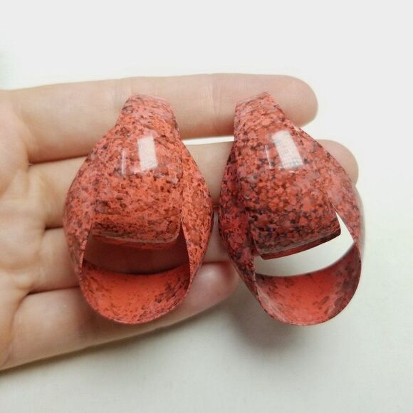 Vintage Pink Marbeled Door Knocker Loop Stud Earrings, Retro 80s Style Estate - Picture 6 of 6